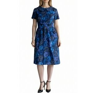 Vintage 50's Floral Party Dress Size Small Blue Fit & Flare Pinup Rockabilly